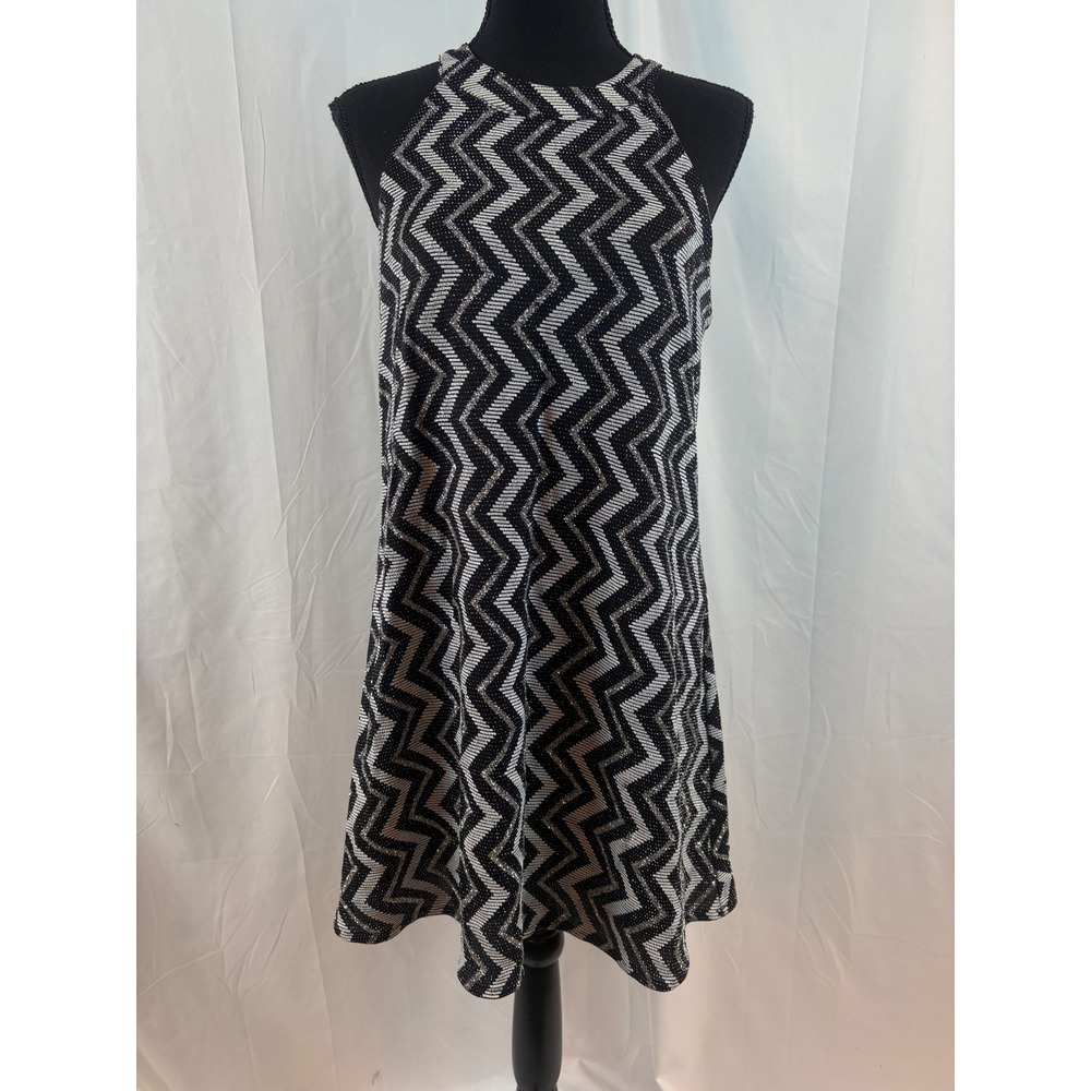 Black Silver Chevron Zigzag Halter Neck Mini‎ Dress Size Large